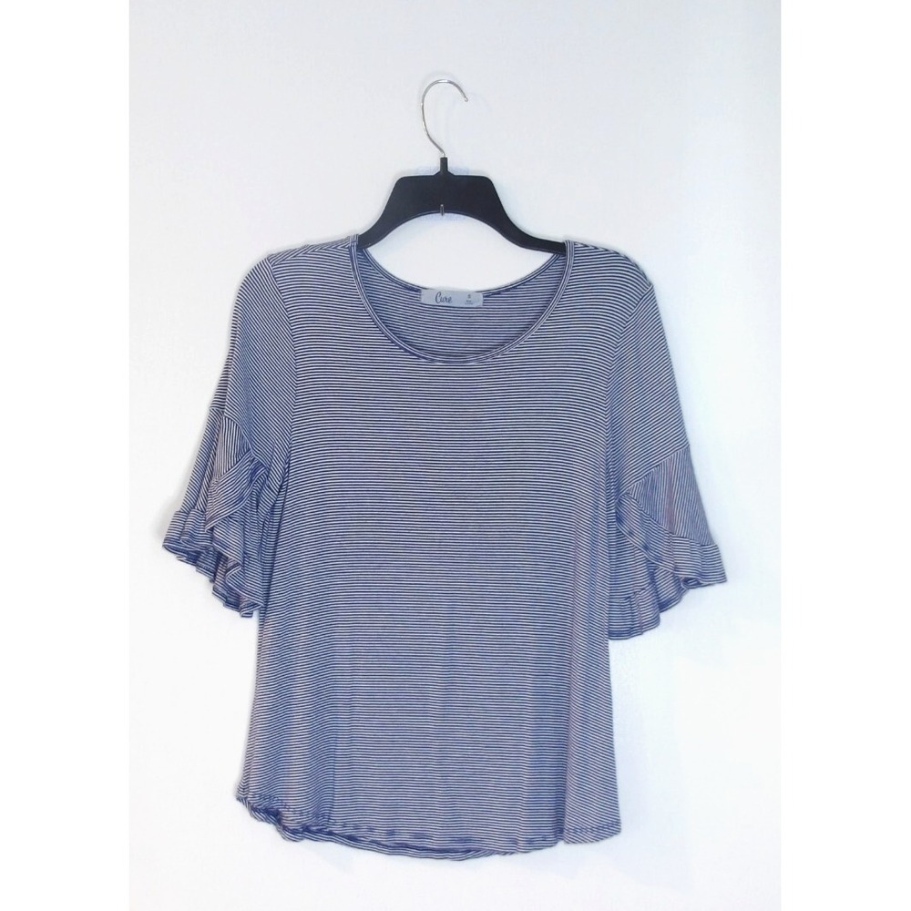 Cure Women Navy Blue White Striped Tiered Ruffle Bell Sleeve Knit Top Small‎